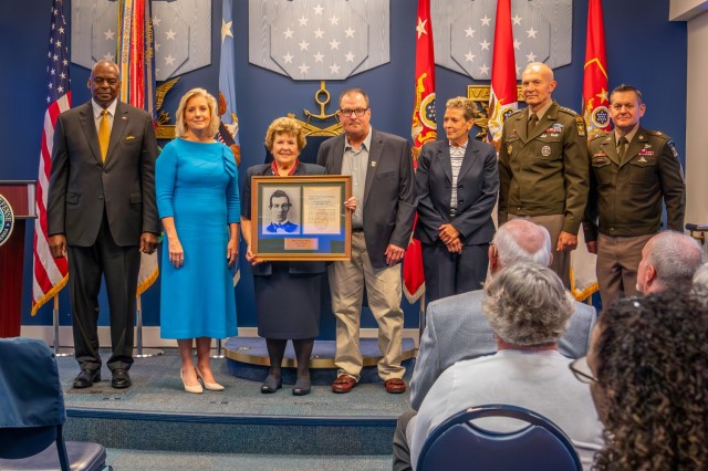 Theresa Chandler, the great-great-granddaughter of U.S. Army Pvt. George D. Wilson, receives the Medal of Honor plaque on behalf of her ancestor during the Hall of Heroes Induction Ceremony at the Pentagon in Arlington, Va., July 4, 2024. Wilson...