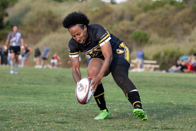 Army Maj. Danielle Deshaies scores one of many Army tries during the 2024 Armed Forces Women’s Rugby Championships in San Diego, Calif. July 12, 2024. (DoD photo by EJ Hersom)