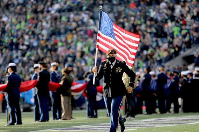 Staff Sgt. Erica Myers, the reigning female All Army Athlete of the Year, Military Police Officer and an Operations Advisor with 3rd Squadron, 5th Security Force Assistance Brigade, was featured in a Salute to Service game at Lumen Field in...