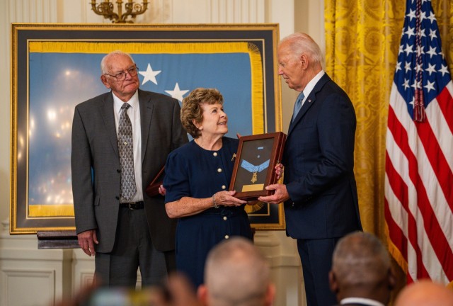 President Joe Biden presents the Medal of Honor for U.S. Army Pvt. George D. Wilson to Theresa Chandler, Wilson’s great-great-granddaughter, during a Medal of Honor ceremony at the White House in Washington, D.C., July 3, 2024. Wilson and U.S....