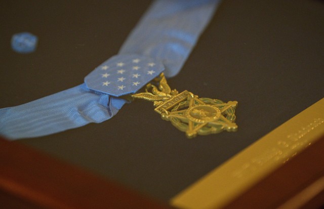 The Medal of Honor for U.S. Army Pvt. Philip G. Shadrach is on display at the White House in Washington, D.C., July 3, 2024. Shadrach was posthumously awarded the Medal of Honor for his acts of valor during the April 1862 "Great Locomotive...