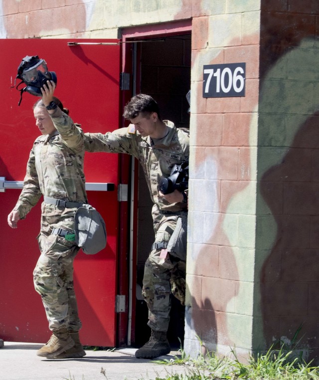 Cadet Rosalyn Page leads her team out of the gas chamber as part of chemical, biological, radiological, nuclear training during Phase II of Advance Camp at Cadet Summer Training on Fort Knox, Kentucky, July 19, 2024. She will refine her leadership...