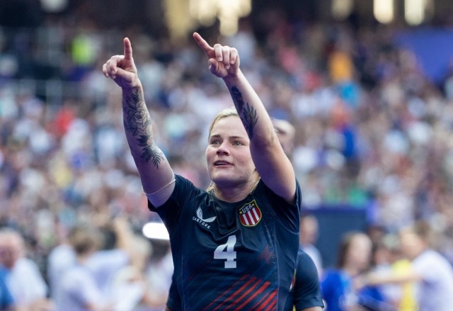 Capt. Sammy Sullivan acknowledges the crowd during the U.S. bronze medal victory over Australia at the 2024 Summer Olympics.