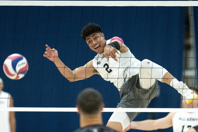 Spc. Asaleti Telea, a right side hitter on the All-Army men's volleyball team, unleashes a spike against the All-Air Force team, during Army's 3-1 victory on Sept. 12 at Fort Carson, Co. With the win, Army clinched the 2024 Armed Forces...