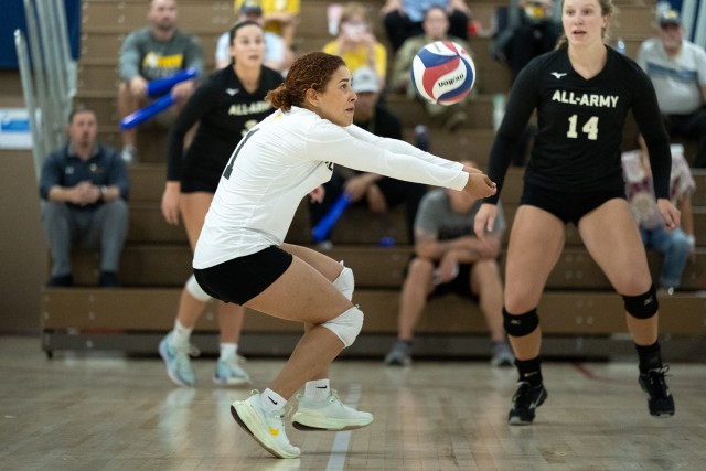 Army Libero Ileanushka Maldonado, a sergeant stationed in San Juan Puerto Rico, returns a ball during Army's match with Air Force on Sept. 13, 2024. (DoD photo by EJ Hersom)