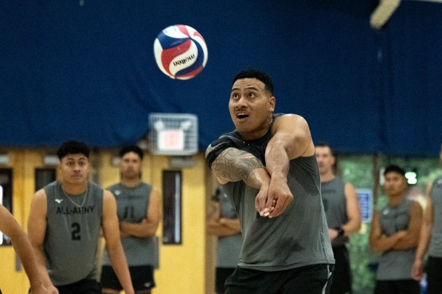 Sgt. Michael Tuimavave of Schofield Barracks. Hawaii, returns a ball during the 2024 Armed Forces Volleyball Tournament in Fort Carson, Co. on Sept. 11, 2024.  (DoD photo by EJ Hersom)