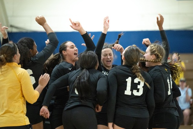 All-Army women's volleyball players celebrate winning the 2024 Armed Forces Volleyball tournament with a 3-1 victory over Air Force on Sept. 13, 2024. (DoD photo by EJ Hersom)