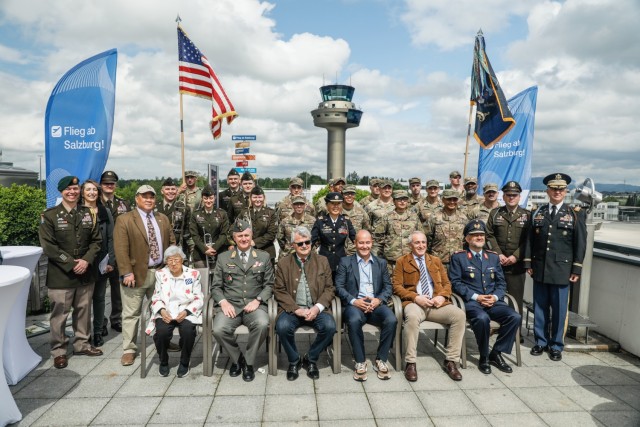 Current and former Marne Soldiers from the 3rd Infantry Division (3rd ID) and military attaches gather for a group photo following a plaque dedication at Salzburg Airport, Austria, May 4, 2024. The ceremony was held to commemorate the 79th...