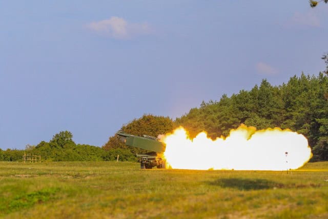 U.S. Army Soldiers assigned to Baker Battery, 3rd Battalion, 321st Field Artillery Regiment (3-321 FAR), 18th Field Artillery Brigade, fires a Reduced-Range Practice Rocket (RRPR) from an M142 High Mobility Artillery Rocket System during a...