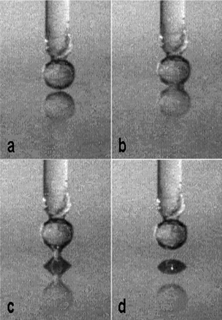 Panel A shows the tip/substrate position just prior to cavitation, which is shown ~33 msec later in Panel B. Panel C shows the cavity meniscus, during tip retraction, one frame prior to its unstable collapse leaving a cavity “bubble” behind on both the tip and substrate. These bubbles, attributed to air supplied from water and the porous superhydrophobic (SH) surface, are unstable and readsorbed in approximately six seconds. In all frames the circular image at the bottom is the reflection of the spherical 150-�m diameter SH tip from the flat SH surface.