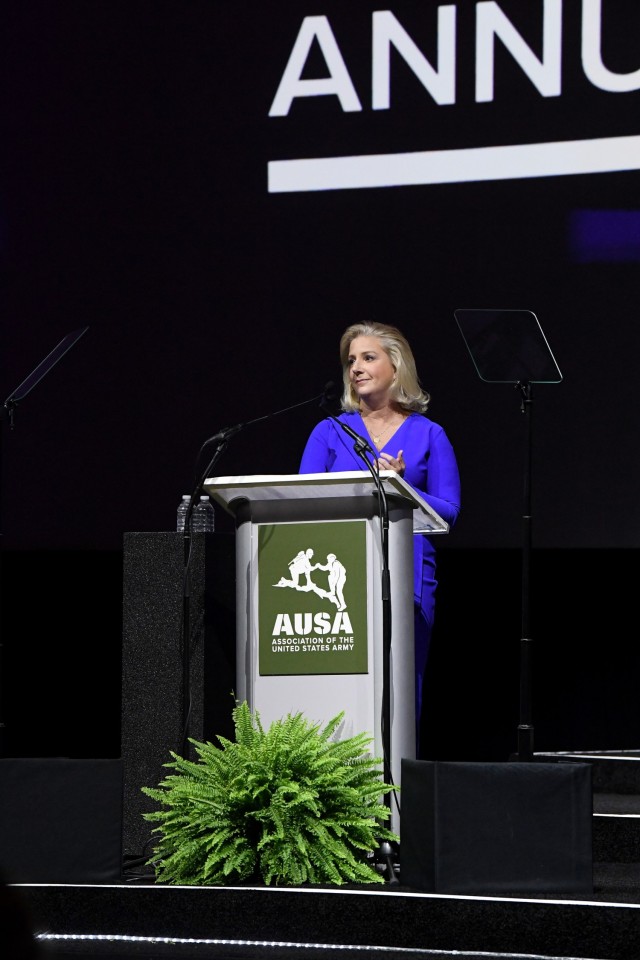 The Secretary of the Army Christine E. Wormuth gives opening remarks during the Opening Ceremony for the AUSA 2024 Annual Meeting and Exposition in the Ballroom of Walter E. Washington Convention Center in Washington, D.C. Oct. 14, 2024.