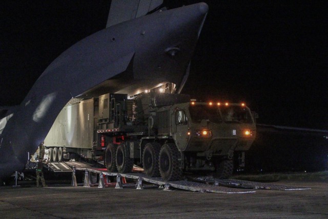 Mid-Range Capability (MRC) Launcher from Charlie Battery (MRC), 5th Battalion, 3rd Field Artillery (Long Range Fires Battalion), 1st Multi-Domain Task Force arrives as part of the capability’s first deployment into theater on Northern Luzon,...