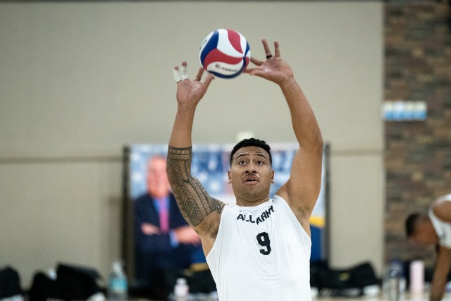 Army Sgt. Michael Tuimavave a Soldier from Schofield Barracks Hawaii, learned to play volleyball in his native American Samoa.  (DoD photo by EJ Hersom)