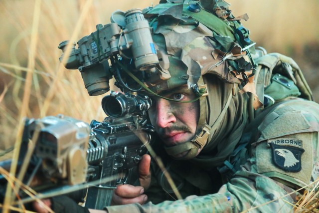 Spc. Issaic Billings, an infantryman from 2nd Brigade Combat Team, 101st Airborne Division (Air Assault), pulls security during an engagement with the opposing force, as part of Operation Lethal Eagle24,1, April 25, 2024, on Fort Campbell,...