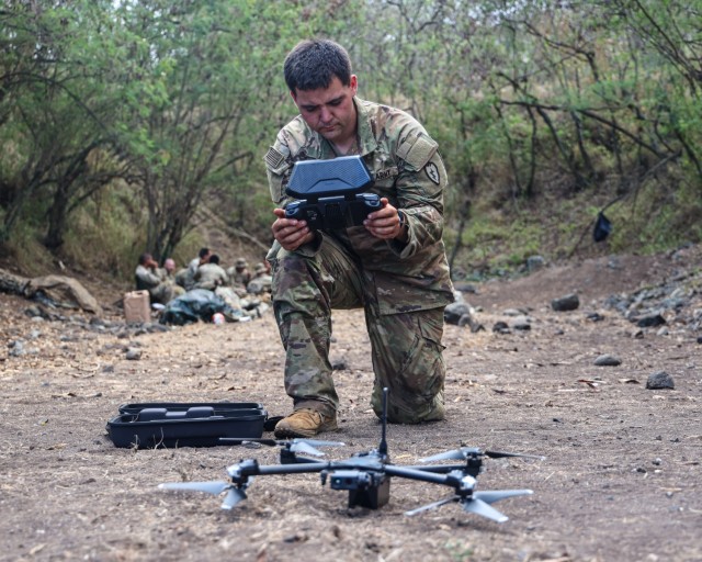 Spc. Brendan Nicholas, an infantryman assigned to the 25th Infantry Division prepares to launch a Skydio X10D Drone during Joint Pacific Multinational Readiness Center 25-01 on Schofield Barracks, Hawaii, Oct. 5, 2024. The Joint Pacific...