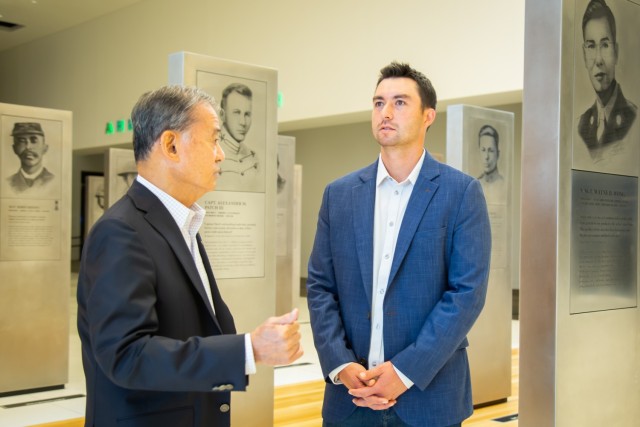 Retired Army Chief of Staff Eric Shinseki, left, presented San Diego Padres catcher Kyle Higashioka with a replica of the Congressional Gold Medal on July 22, 2024, which was awarded to Nisei Soldiers to honor their contributions during World War...