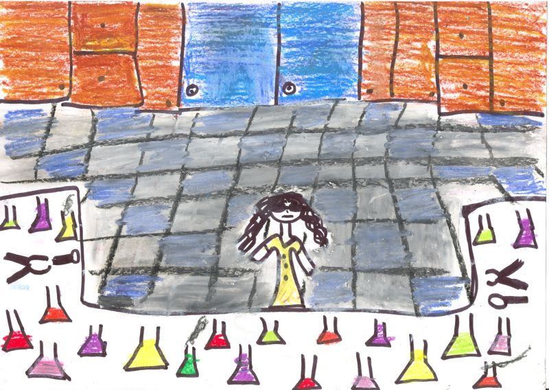 An 11-year-old girl's drawing of a female scientist working in a laboratory.