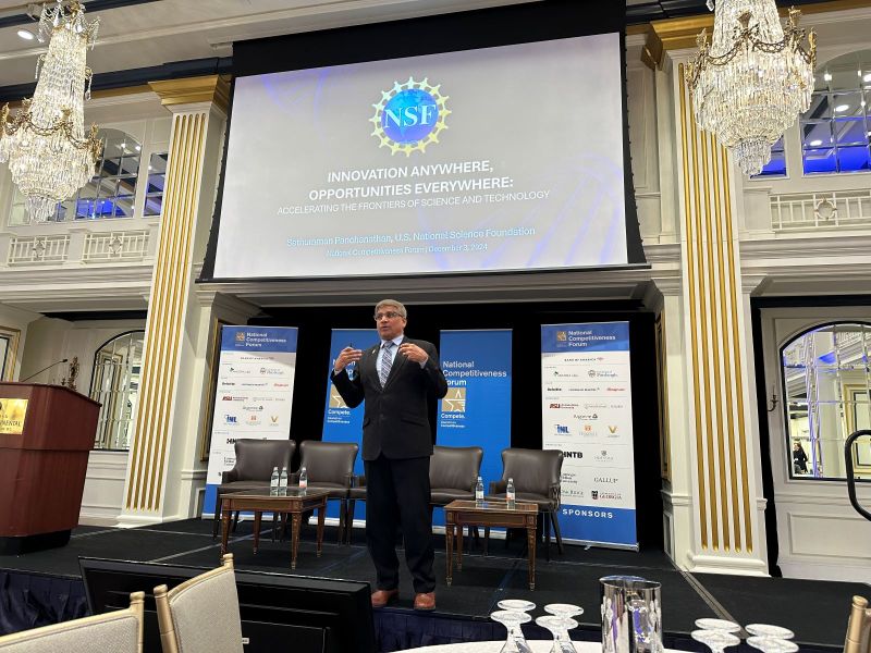 Caption: NSF Director Sethuraman Panchanathan speaks at the 2024 National Competitiveness Forum in Washington, D.C., on Dec. 3, 2024.