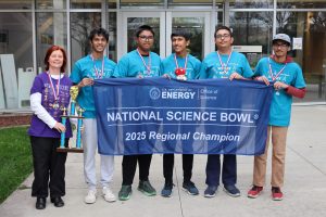 The 2025 California Regional Science Bowl High School competition winners from Mission San Jose High School of Fremont, from left to right: Coach Dorota Sawicka, Advaith Mopuri, Anish Agarwal, Theenash Sengupta, Rutvik Arora and Roshan Annamalai. (Photo courtesy of Sandia National Laboratories) Click on the thumbnail for a high-resolution image.