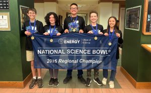 Eisenhower Middle School’s winning Regional Science Bowl team from left to right, Jonathan Little, Maddie Michael, Aaron Brown, Thomas Quirk, Beatrice Berhman. (Photo by Deb Menke) Click on the thumbnail for a high-resolution image.