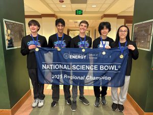 La Cueva’s winning Regional Science Bowl team from left to right, Joaquin Headley, Amandeep Prasankumar, Lucas Riley, Joseph Wang, Hiro Jau. (Photo by Deb Menke) Click on the thumbnail for a high-resolution image.