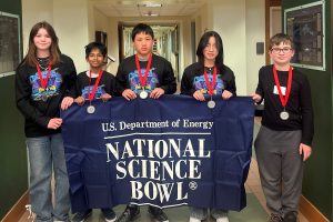 Second place middle school division, Los Alamos Middle School. From left to right, Julia Neale, Ilamuhil Sasikumar, Kevin Zou, Chelsea Nguyen, Alexander Hovey. (Photo by Deb Menke) Click on the thumbnail for a high-resolution image